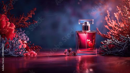 Stylish bottle with perfume against a background of corrals in soft crimson and red tones photo