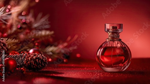 Stylish bottle with perfume against a background of corrals in soft crimson and red tones