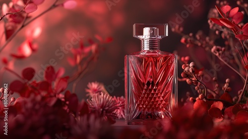 Stylish bottle with perfume against a background of corrals in soft crimson and red tones