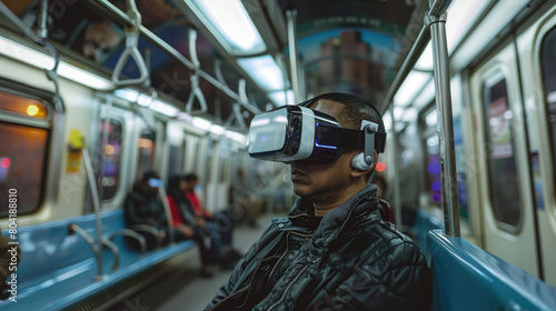 man in virtual reality glasses in a subway car  spatial computer  mask  high technology  VR  device  person  people  portrait  online  game  Internet  future  electronic  3D  three-dimensionally  tube