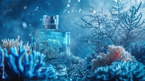 Stylish bottle with perfume against a corral background in electric blue color