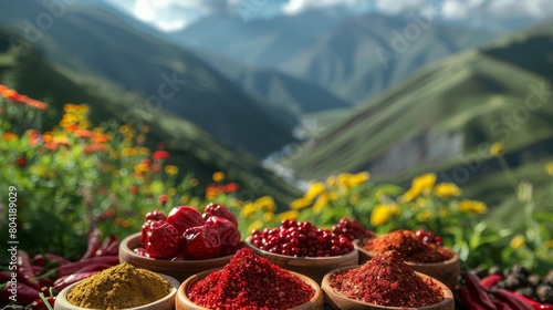 A spices, red pepper, cinnamon, spices, in the mountains, summer atmosphere, freshness, on the background of the mountain. Generative AI. photo