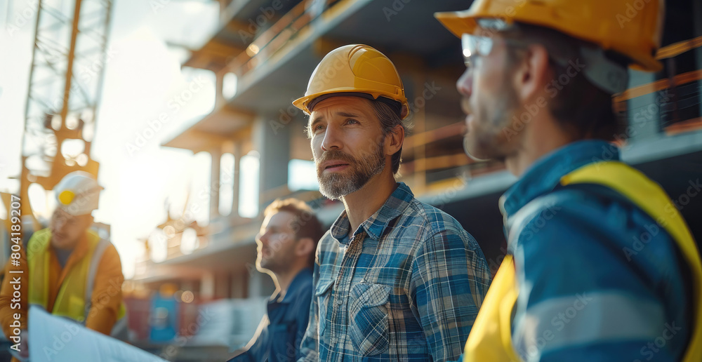 Team of engineers and architects discussing plans with project blueprints spread out on a table at construction site. Generative AI. Team of engineers and architects discussing plans with project blueprints spread out on a table at construction site. Generative AI.