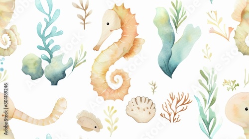 A seascape with a yellow seahorse and other sea creatures. The seahorse is the main focus of the image. Watercolor painting seamless pattern style photo