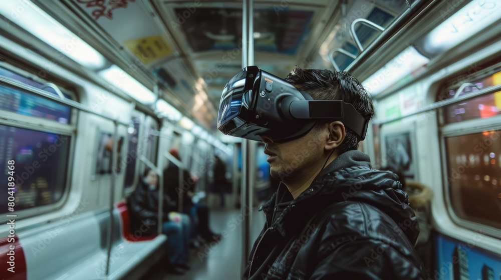 man in virtual reality glasses in a subway car, spatial computer, mask, high technology, VR, device, person, people, portrait, online, game, Internet, future, electronic, 3D, three-dimensionally, tube man in virtual reality glasses in a subway car, spatial computer, mask, high technology, VR, device, person, people, portrait, online, game, Internet, future, electronic, 3D, three-dimensionally, tube