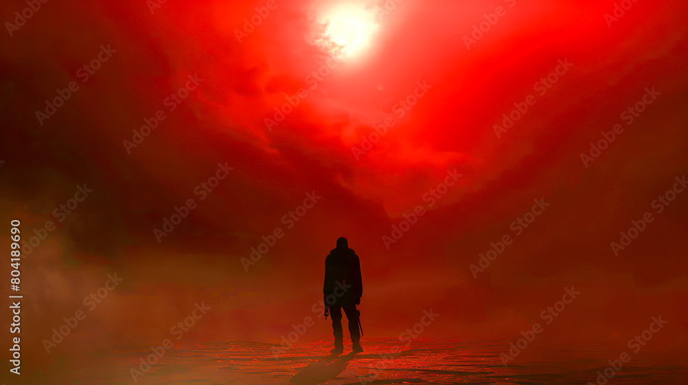 A man stands in a red sky with a sun in the background