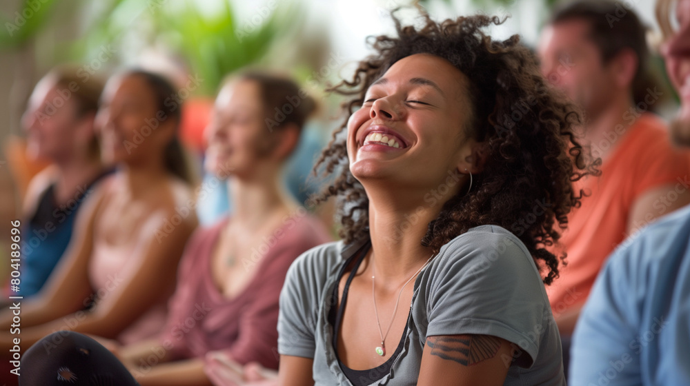 A group of people engage in a laughter yoga class, where they participate in playful exercises and laughter-inducing activities A group of people engage in a laughter yoga class, where they participate in playful exercises and laughter-inducing activities