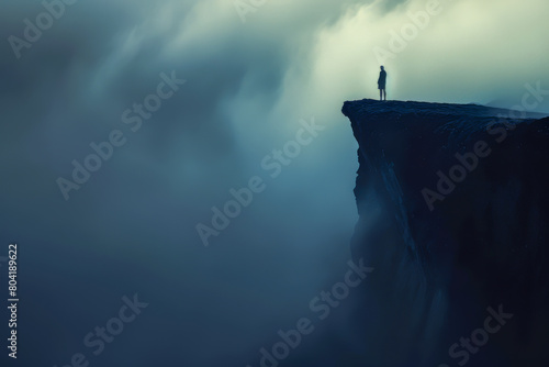A person stands on a cliff overlooking a body of water