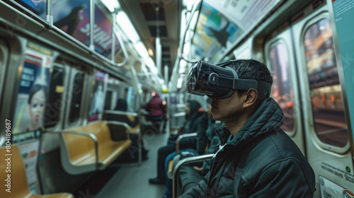 man in virtual reality glasses in a subway car, spatial computer, mask, high technology, VR, device, person, people, portrait, online, game, Internet, future, electronic, 3D, three-dimensionally, tube