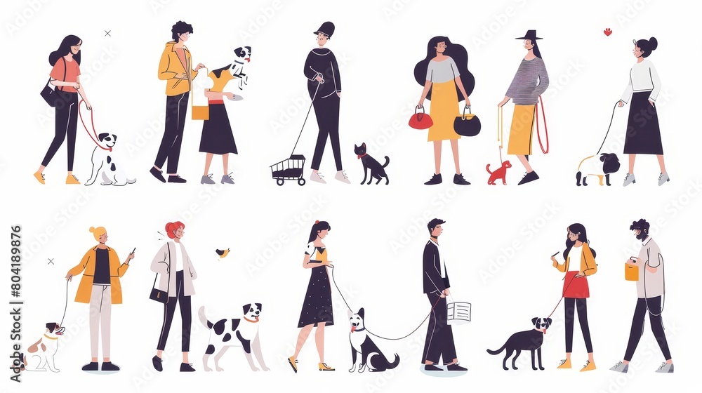 A set of people with pets. Male and female characters walking, playing, wiping, or visiting veterinary clinics together. Leisure, communication, love of animals. Linear flat modern illustration.