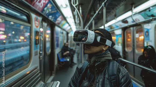 man in virtual reality glasses in a subway car, spatial computer, mask, high technology, VR, device, person, people, portrait, online, game, Internet, future, electronic, 3D, three-dimensionally, tube