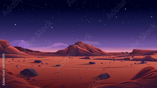 An alien planet s surface with a sandstorm  crater  and stars shining in the dark night sky on a cartoon backdrop with dusty wind. Modern illustration of martian terrain.