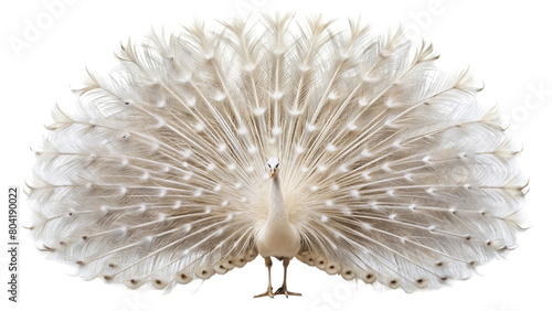 Beautiful white peacock spread his tail feathers. isolated on Transparent background.