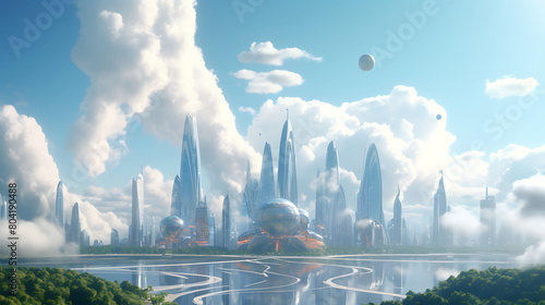 A futuristic cityscape with flying cars and skyscrapers reaching into the clouds  illustrating visions of tomorrow s urban environments.