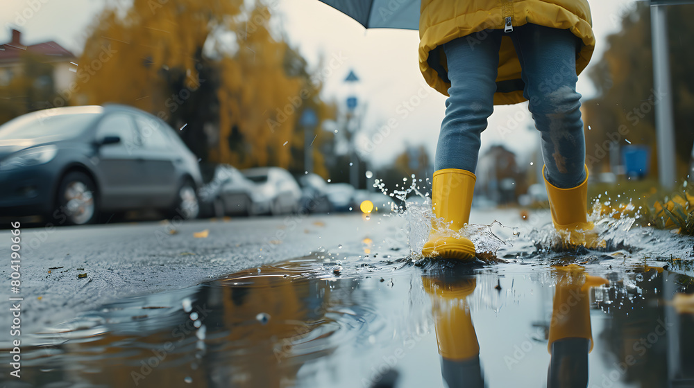 A child in yellow rubber boots with an umbrella jumps into puddles of water on the street A child in yellow rubber boots with an umbrella jumps into puddles of water on the street
