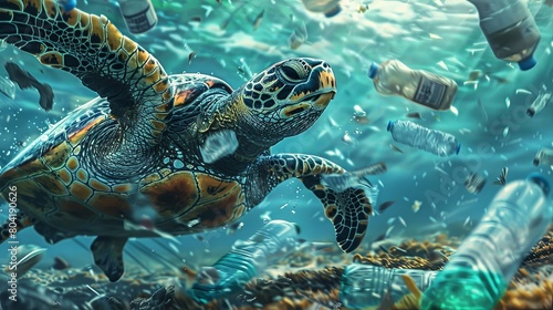 Ultra Realistic close up of sea turtle swimming among plastic bottles and debris in the ocean