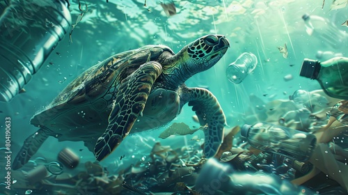 Ultra Realistic close up of sea turtle swimming among plastic bottles and debris in the ocean © EnelEva