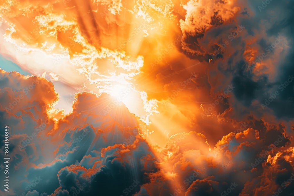 Sun rays pierce through billowing clouds in the sky, creating a celestial scene