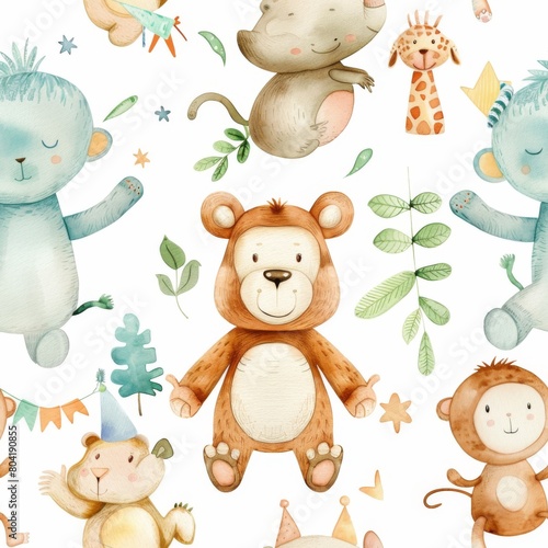 A group of stuffed animals  including a bear  a monkey  and a giraffe  are sitting on a white background. Watercolor painting seamless pattern style
