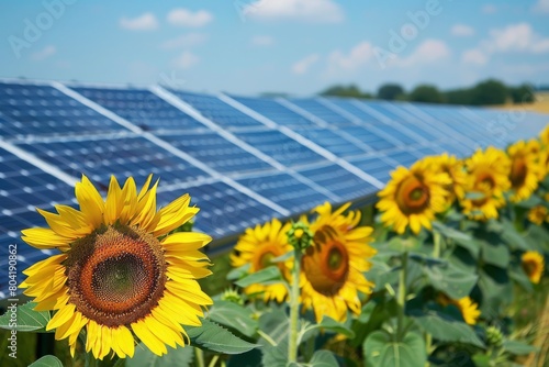 A field of vibrant sunflowers with a solar panel in the background  representing the combination of agriculture and renewable energy