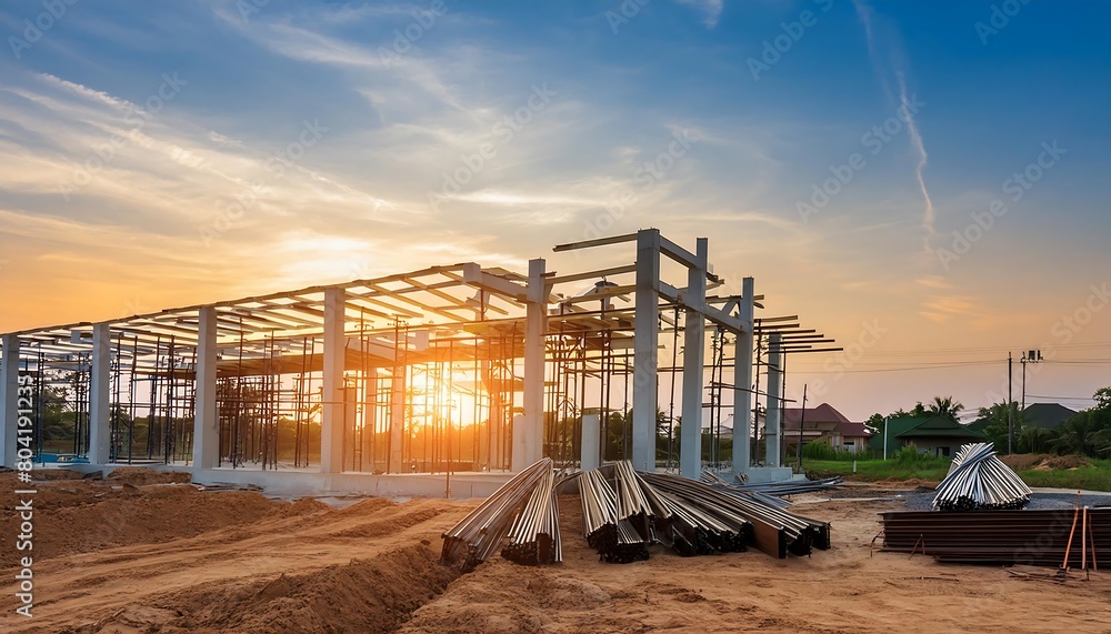 Fototapeta premium construction site and sunset structural steel beam build large residential buildings. Generative Ai illustration