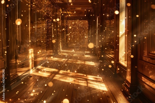 A room illuminated by falling gold lights, casting enchanting patterns on the walls