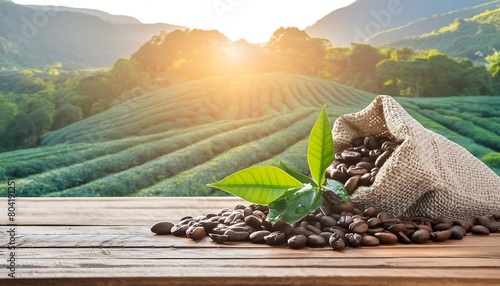 coffee beans with green leaves on wooden table and sunlight background . Generative Ai illustration photo