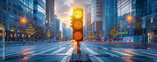 Yellow traffic light at an intersection in the middle of a cityscape in a modern financial area