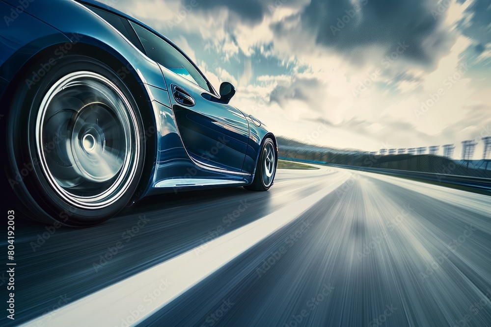 A high-speed blue sports car zooms past on a highway, with motion blur capturing the sense of speed and movement