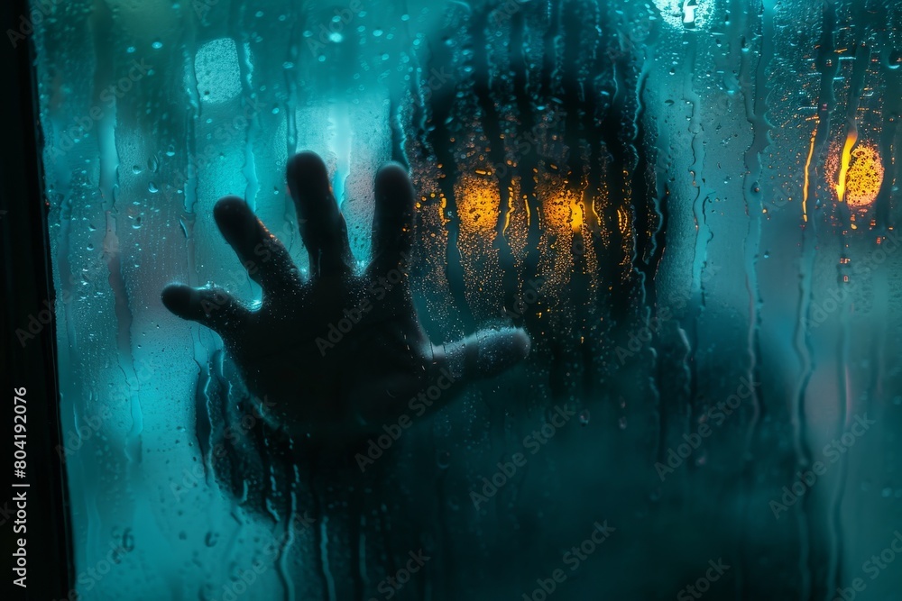 A haunting image of a hand pressing against a wet, fog-laden window with glowing lights in the background, evoking a sense of mystery A haunting image of a hand pressing against a wet, fog-laden window with glowing lights in the background, evoking a sense of mystery
