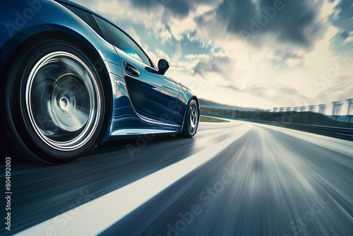 A high-speed blue sports car zooms past on a highway, with motion blur capturing the sense of speed and movement