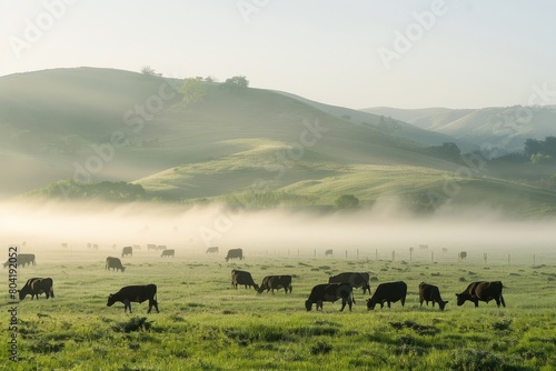 A herd of cattle peacefully grazing on a lush green field in the morning fog