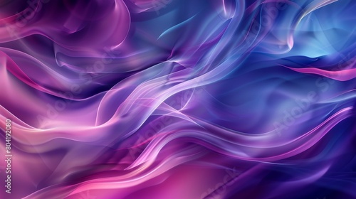 Abstract background features fluid, wavy lines and shapes that create a dynamic and flowing visual effect. The colors used are various shades of purple and blue