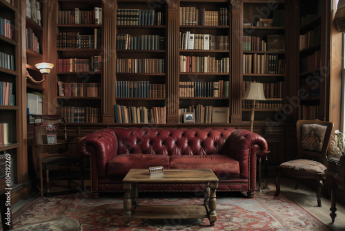 the library in the building has a red sofa and several books © Wirestock