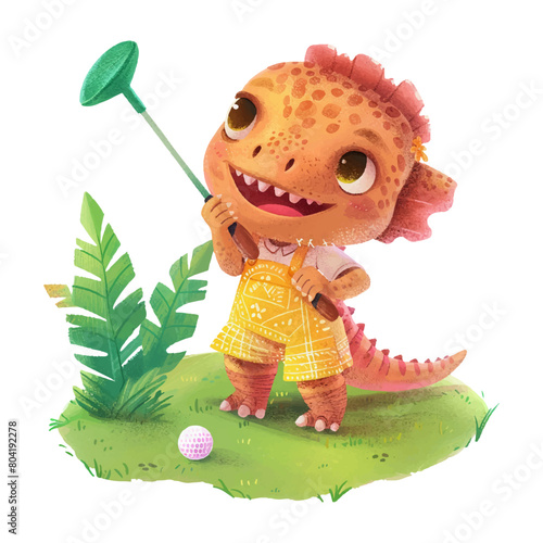 Cute dino playing golf watercolor