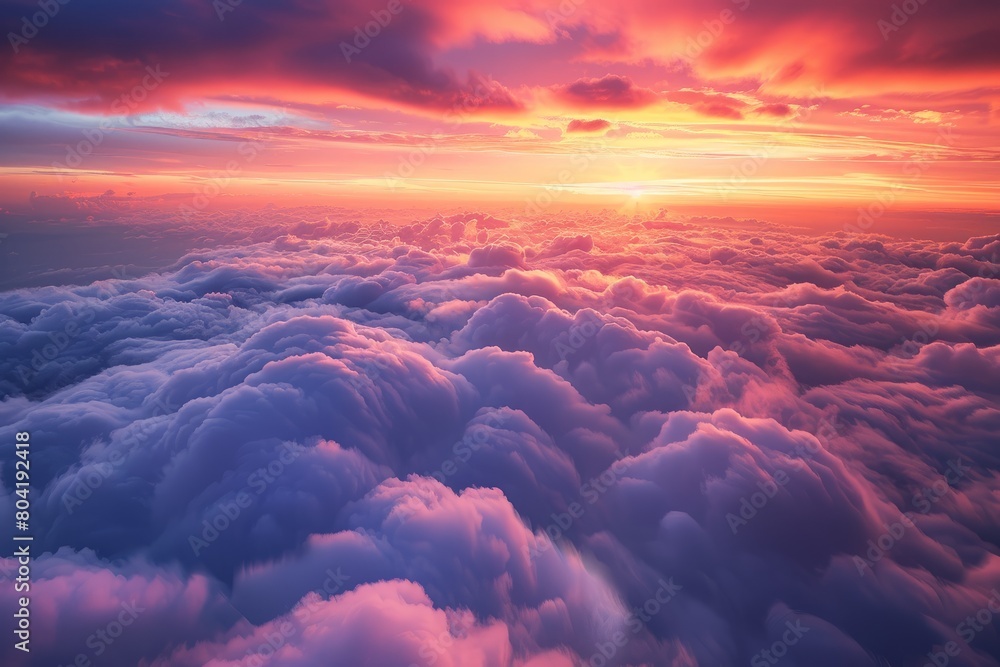 The sun sets behind the clouds in the sky, creating vibrant hues of orange, pink, and purple