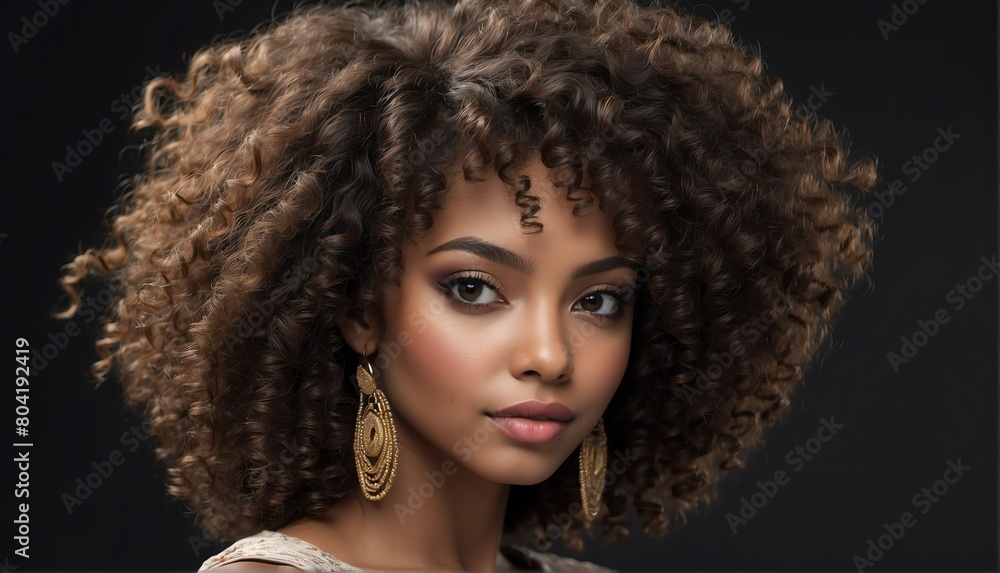 beautiful african female fashion model with curly hair close-up portrait posing on plain black background from Generative AI