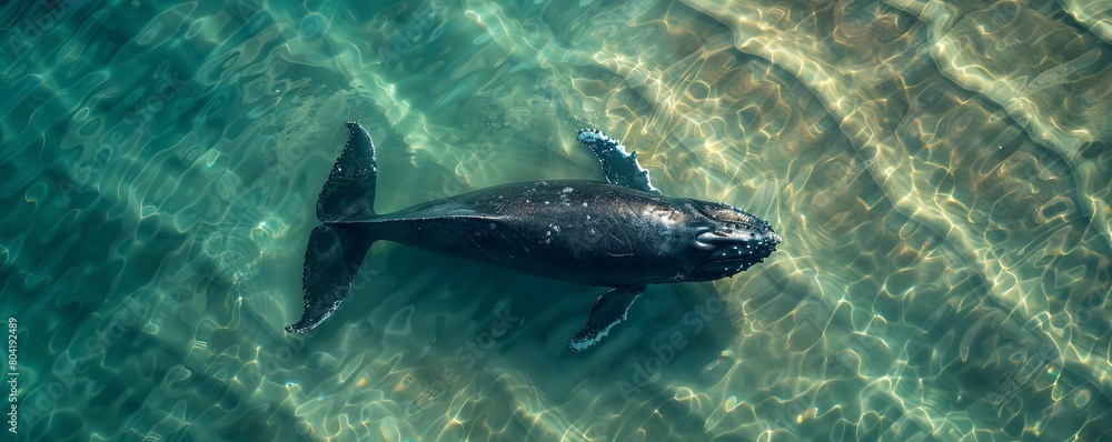 Fototapeta premium Aerial view of a humpback whale diving back under the surface of the Atlantic Ocean in the Hamptons, New York United States.