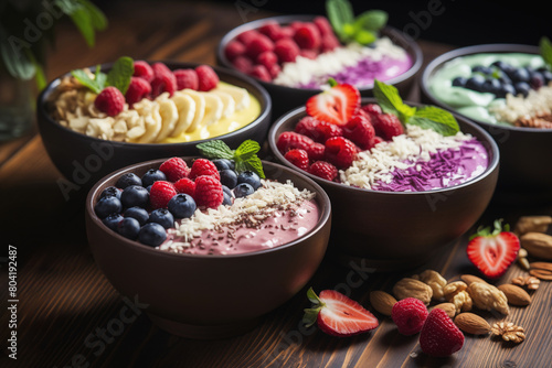 Assortment of colorful smoothie bowls