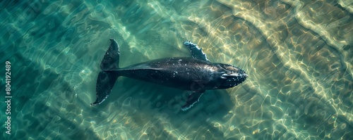 Aerial view of a humpback whale diving back under the surface of the Atlantic Ocean in the Hamptons, New York United States.
