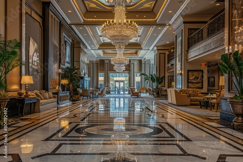 A grand lobby with marble floors and an ornate chandelier hanging from the ceiling in a luxury hotel