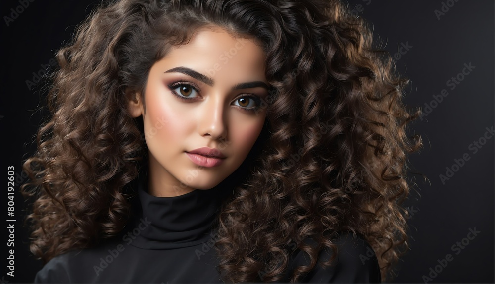 beautiful arab female fashion model with curly hair close-up portrait posing on plain black background from Generative AI