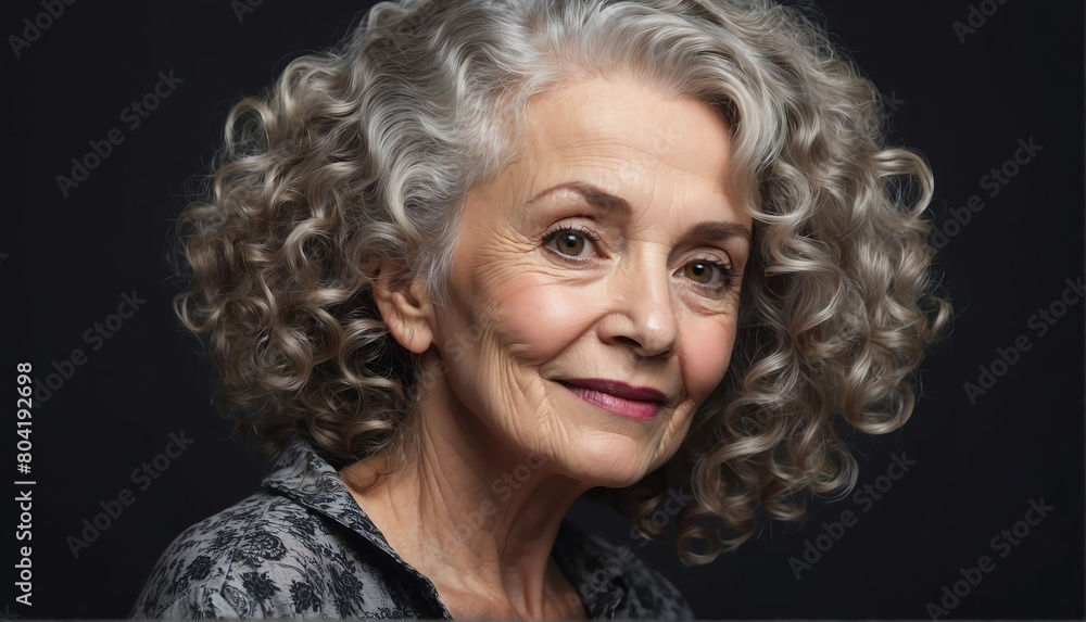 beautiful elderly female fashion model with curly hair close-up portrait posing on plain black background from Generative AI beautiful elderly female fashion model with curly hair close-up portrait posing on plain black background from Generative AI