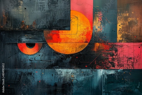An abstract digital painting with bold geometric shapes and a striking eye-like form that commands attention photo
