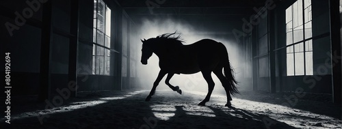 Fast galloping black and white horse casting shadow while art minimalist, silhouette concept