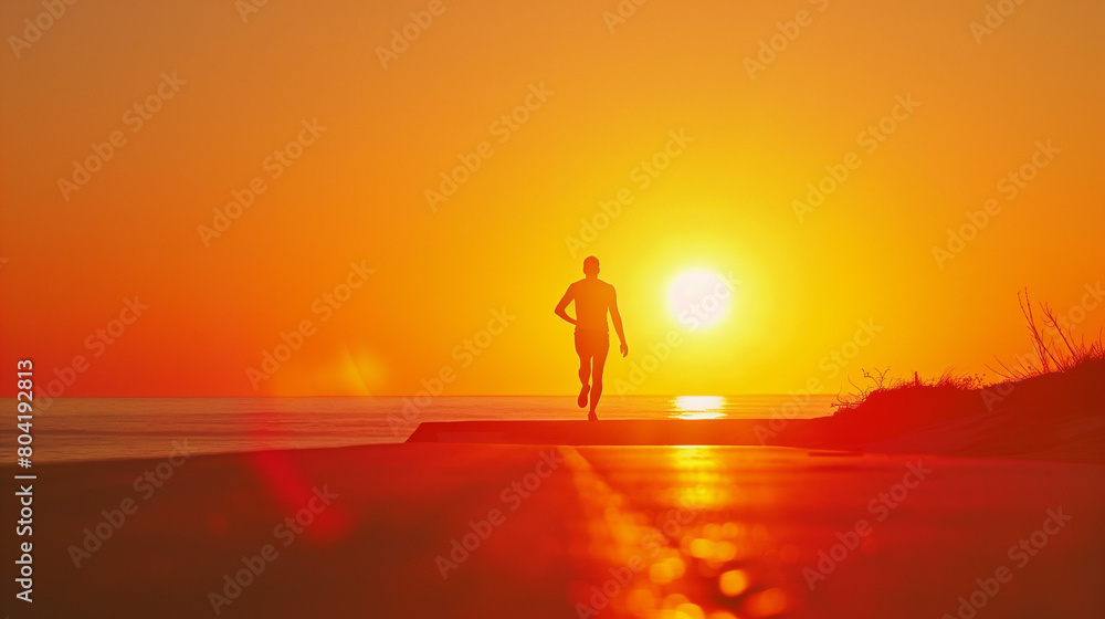 Morning Exercise Routine: Person doing morning exercises against the backdrop of a rising sun