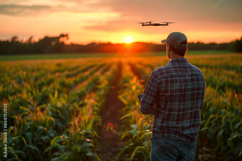 Farmer controlling drone over cornfield at sunset Farmer controlling drone over cornfield at sunset