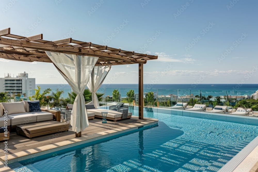 Obraz premium A large swimming pool area with a modern couch overlooking the vast ocean
