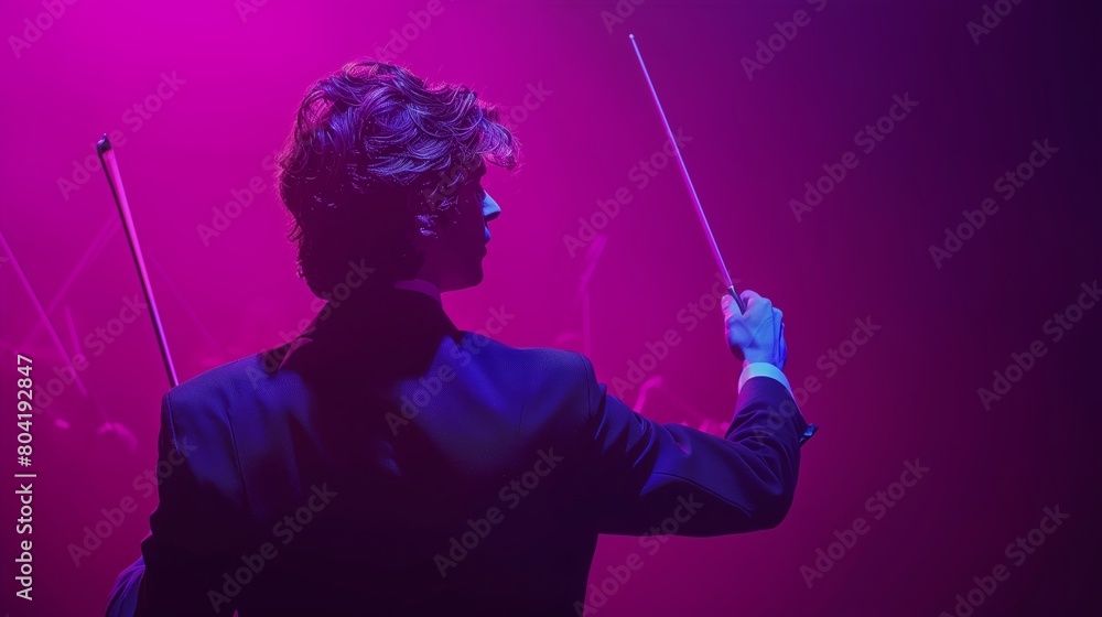 Symphony Orchestra Conductor in Action with Baton Neon Color Symphony Orchestra Conductor in Action with Baton Neon Color