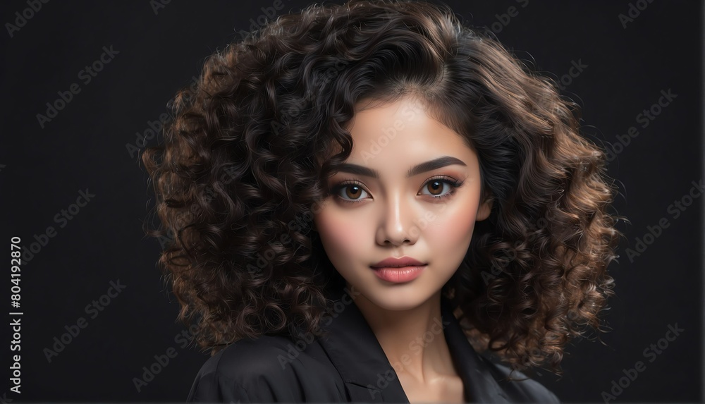 beautiful indonesian female fashion model with curly hair close-up portrait posing on plain black background from Generative AI beautiful indonesian female fashion model with curly hair close-up portrait posing on plain black background from Generative AI